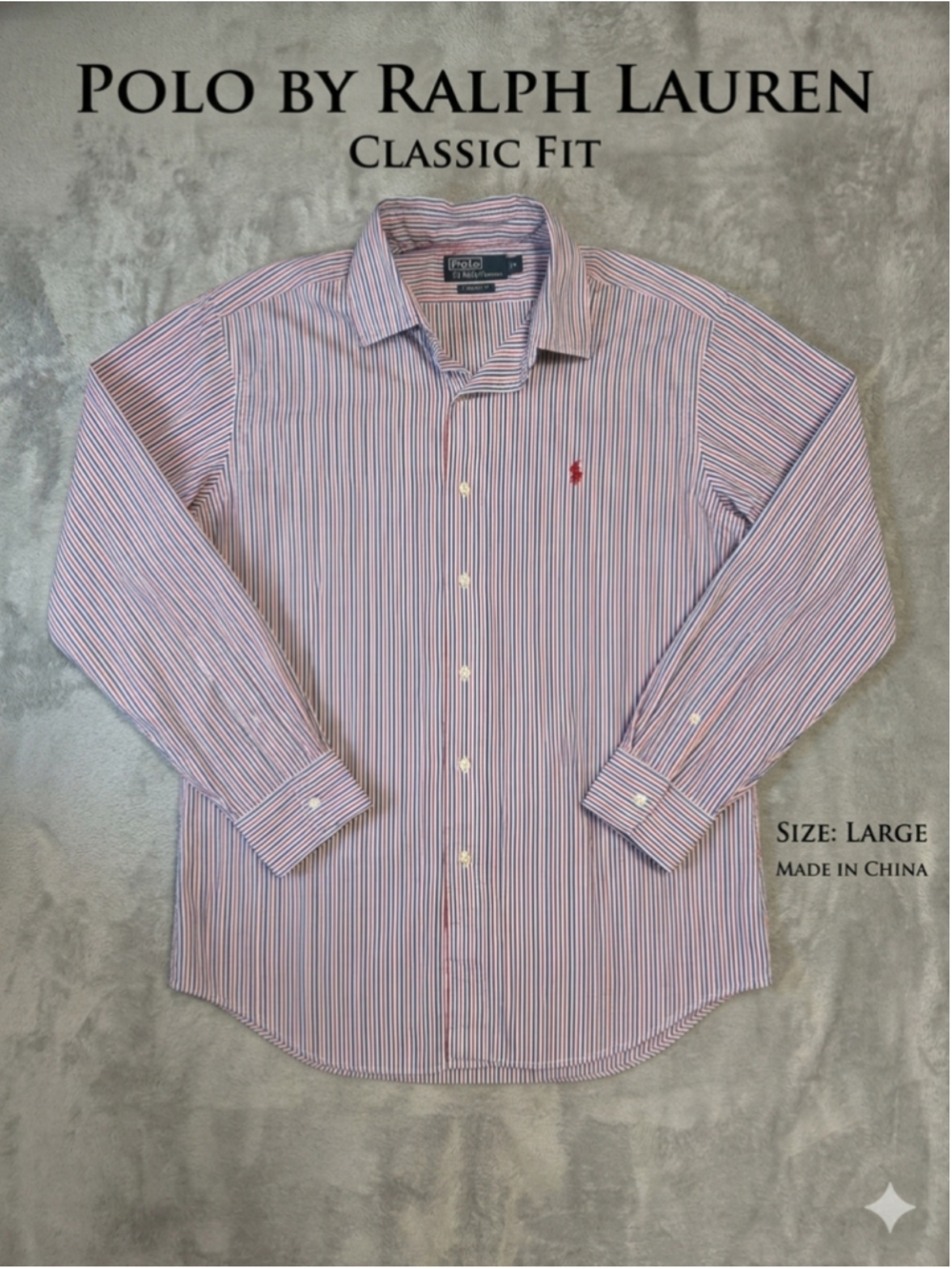 Polo Ralph Lauren Shirt Mens Large L Classic Fit Red Blue White Striped L/S
